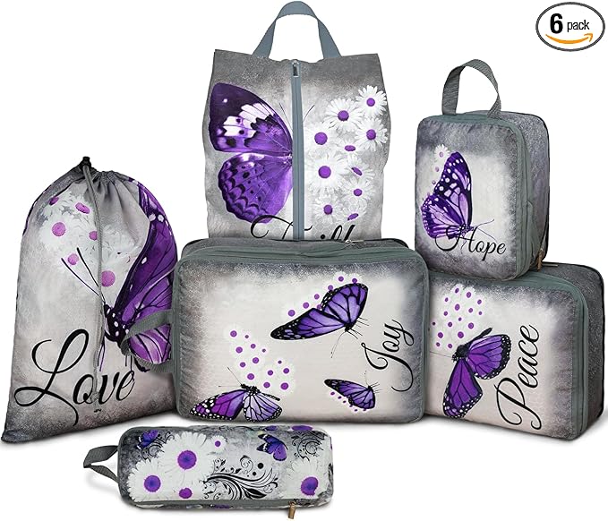 6 Pcs Compression Packing Cubes Waterproof Suitcase Travel Bag Luggage Backpack Organizer Travel Cubes for Packing-Purple Butterfly
