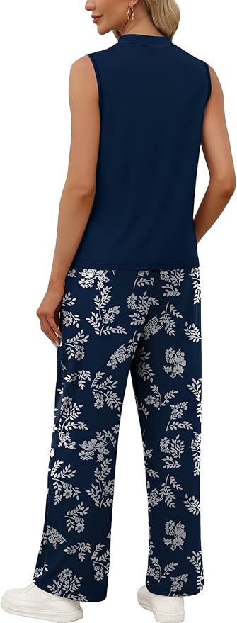 WIHOLL Two Piece Set for Women Summer Spring Outfits Cruise Travel Airport Beach Vacation Mock Neck Wide Leg Pants Set