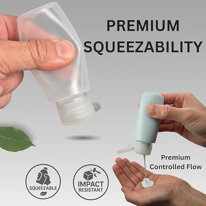 2oz 8-Pieces TSA Approved Translucent Squeeze Bottles with Flip Cap & Extra Screw Caps, Leak Proof, FDA Compliant. Safe for Premium Costmetic, Shampoo, Conditioner DIY projects and Camping.