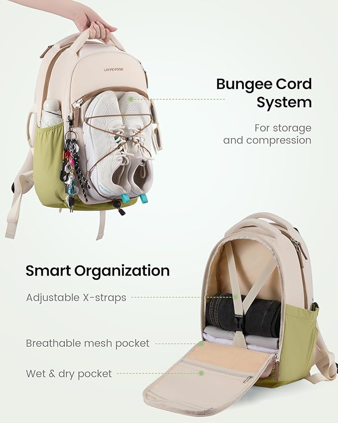 LOVEVOOK Everyday Laptop Backpack for Women & Men With Tumbler Holder,18 Inch Classic Travel Work College Teacher Carry on Backpack Purse,Waterproof Computer laptop Bag Hiking Backpack,Beige-Green