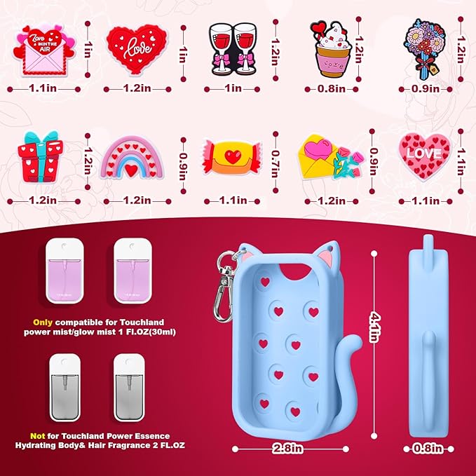 Juome 2 Pack Valentines Silicone Case for Touchland Hand Sanitizer Spray with Keychain & Charms, Cat Protective Holder Compatible with Touch Land Mist Case 1FL. OZ, Valentines Day Gifts for Her/Him
