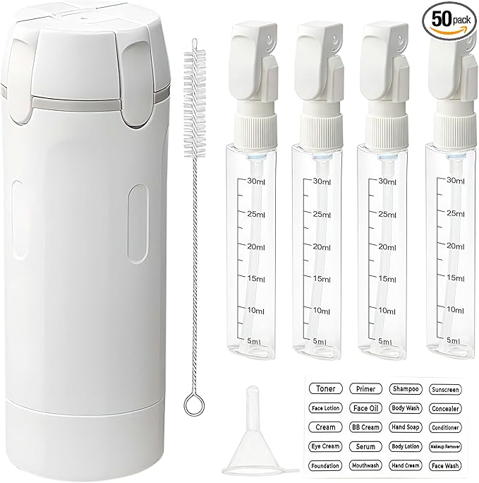 4 in 1 Travel Dispenser Bottles Refillable,Travel Shampoo and Conditioner Bottles，No Spill Space Saving Compact,for Vacation Business Trip(White