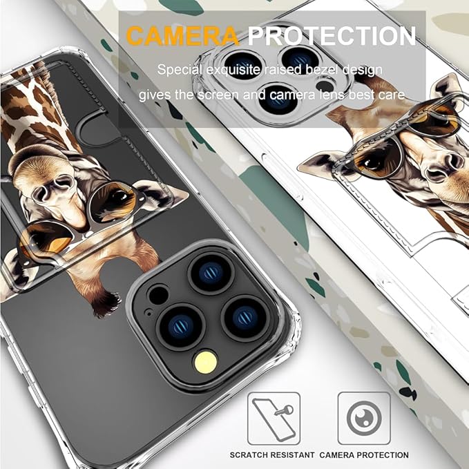 Compatible with iPhone 16 Pro Max Case Card Holder for Women Cute Design,Wallet Phone Cases Transparent Cool Kawaii Protective (Clear Giraffe Smoking Animal)