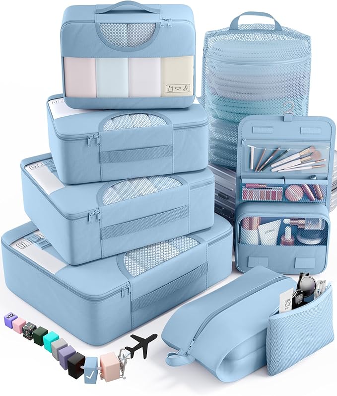 Veken 8 Set Packing Cubes for Travel Essentials, Suitcase Organizer Bags in 4 Sizes, Carry-On Luggage Accessories with Large Laundry Bag & Passport Holder, Must-Have for Airplane, Road Trip & Camping