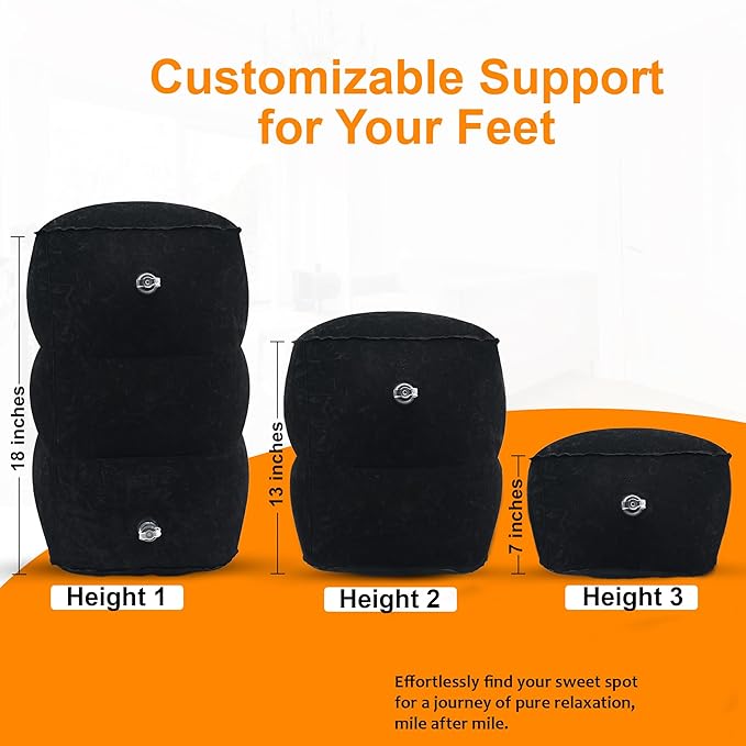 Inflatable Foot Rest Pillow for Airplane Travel - Adjustable Leg Rest for Long Flights, Baby/Toddler Airplane Seat Extender - Black