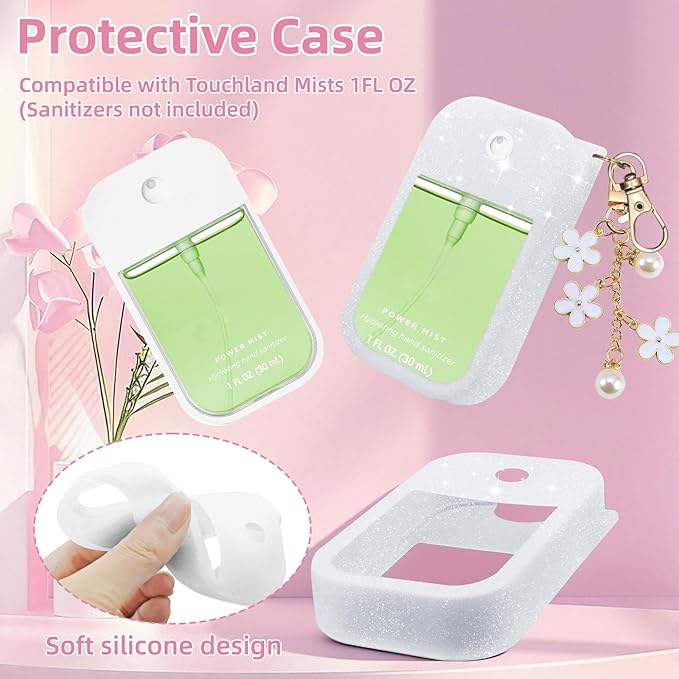 Silicone Case Compatible with Touchland Hand Sanitizer Spray Mist 1 oz with Flower keychain