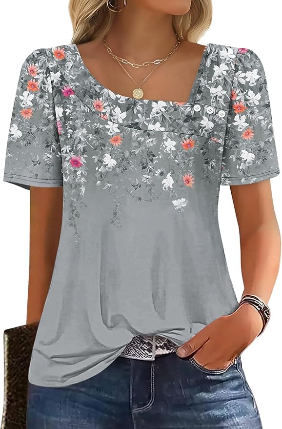 WIHOLL Womens Summer Tops Short Sleeve Shirts Square Neck Spring Outfits 2026 Fashion Clothing Blouses