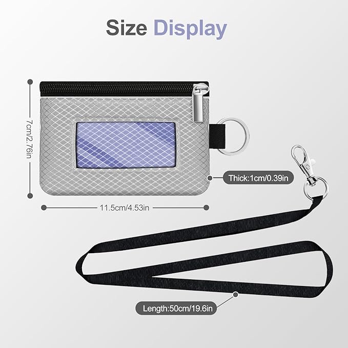 Minimalist RFID Blocking Small Wallet with ID Window,WaterResistant Zip Id Case Wallet with Lanyard Keychain for Cards,Cash,Travel,Women,Men (Light Gray/Lavender Purple)
