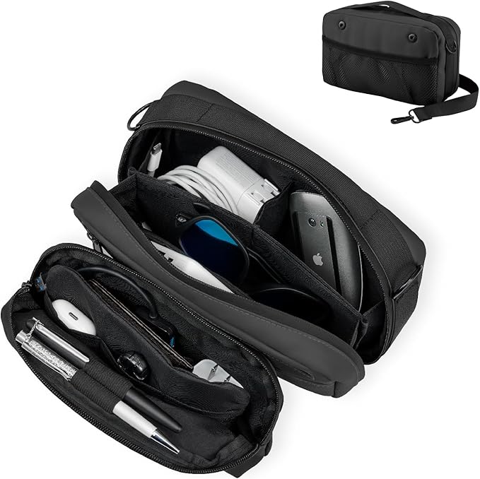 Travel Organizer Pouch Electronic Accessories Carry Case Waterproof Double Layers All-in-One for Cord, Phone, Airpods, USB Flash Drive for Men Women, Portable Charger Organizer (Black)