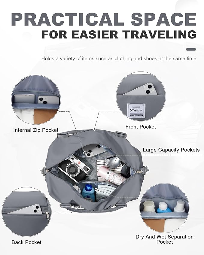 Spirit Travel Duffel - 18x14x8 Inches Weekender Overnight Bag with Shoes Compartment, Trolley Sleeve & Carry On for Airplanes, Sport Tote Gym Bag - Grey