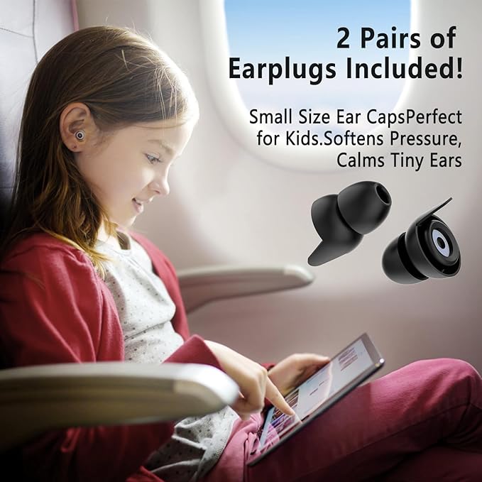 Noise Canceling Earplugs for Airplane: 27dB Reduction, Ear Pressure Relief. 2 Pairs, 3 Sizes (Kids & Adults). Reusable Silicone, Aluminum Case. Ideal for Concerts, Motorcycle, Sleeping