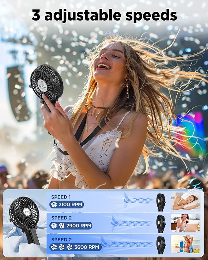 EasyAcc Handheld Fan Portable Rechargeable, Ultra Quiet &180° Foldable & Up 10 Hours & 3 Speeds Powered Personal Battery Foldable Adjustable Fan Home Travel Outdoor Office Black