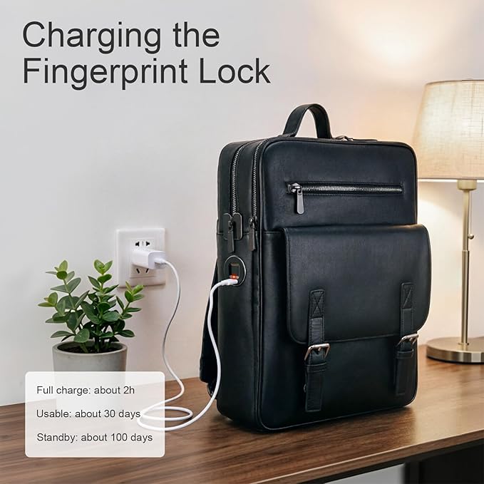 BBMars Smart Anti-Theft Backpack: Biometric Lock, Support Find My (iOS Only), Luxury Black Leather 15.6" Laptop Executive Bag for Men, Business Travel Daypack