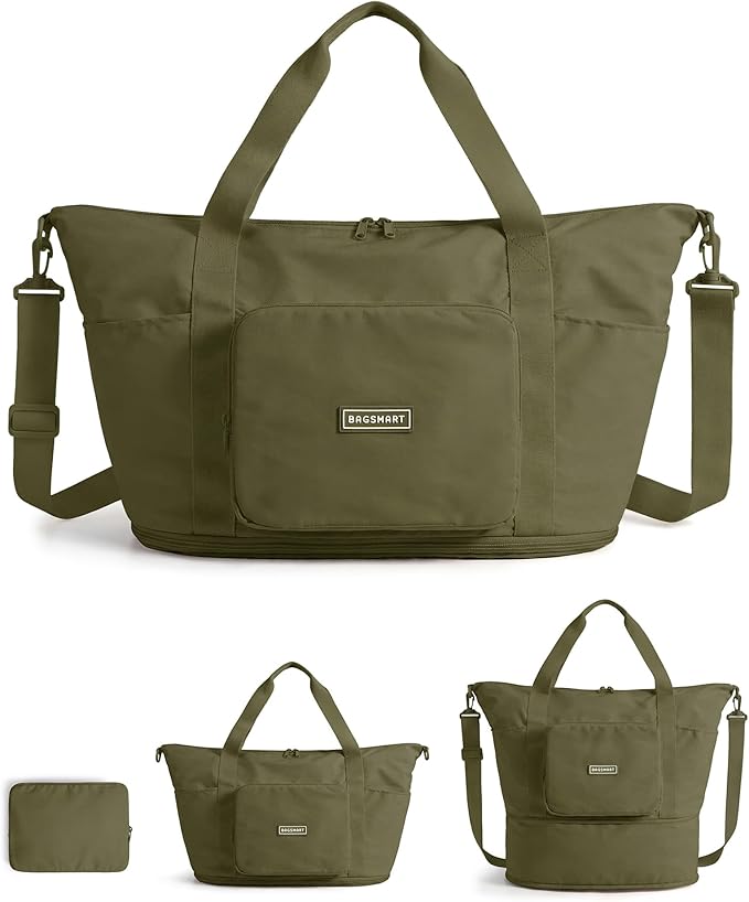 BAGSMART Foldable Travel Bag, 37L Expendable Personal Item Bag, Lightweight Weekender Bags for Women, Water Resistant Extra Carry on for Travel, Kelp Green