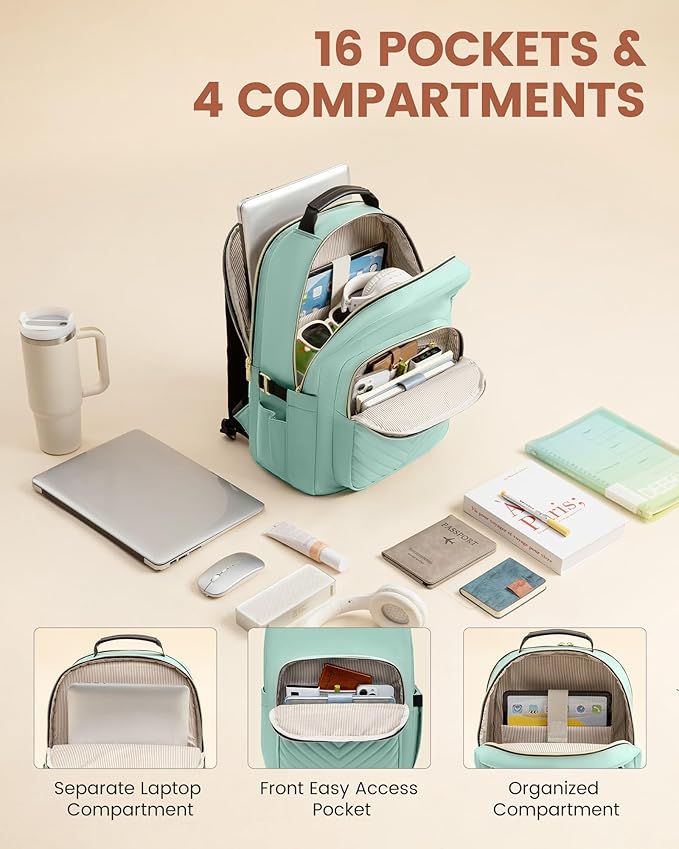 LOVEVOOK Laptop Backpack for Women with Giant Tumbler Holder 18.4 inch,Designer Travel Backpack Laptop Bag College Backpack,Quilted Work Nurse Teacher Backpack Purse Computer Bag Daypack,Mint Green