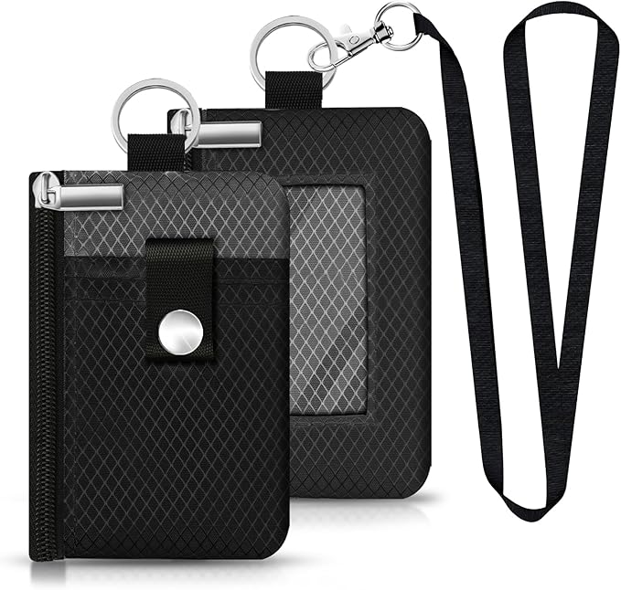 Minimalist RFID Blocking Small Wallet with ID Window,WaterResistant Zip Id Case Wallet with Lanyard Keychain for Cards,Cash,Travel,Women,Men (Black/DarkGrey)