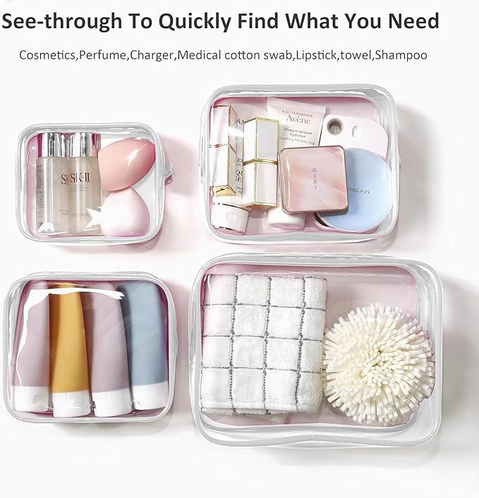 4 Pack Clear Toiletry Bags, Portable Travel Makeup Pouch with Zipper, TSA Approved Organizer, Clear Pouch Bags Compatible With Bogg Bag Divider Accessories (White, Pack of 8)