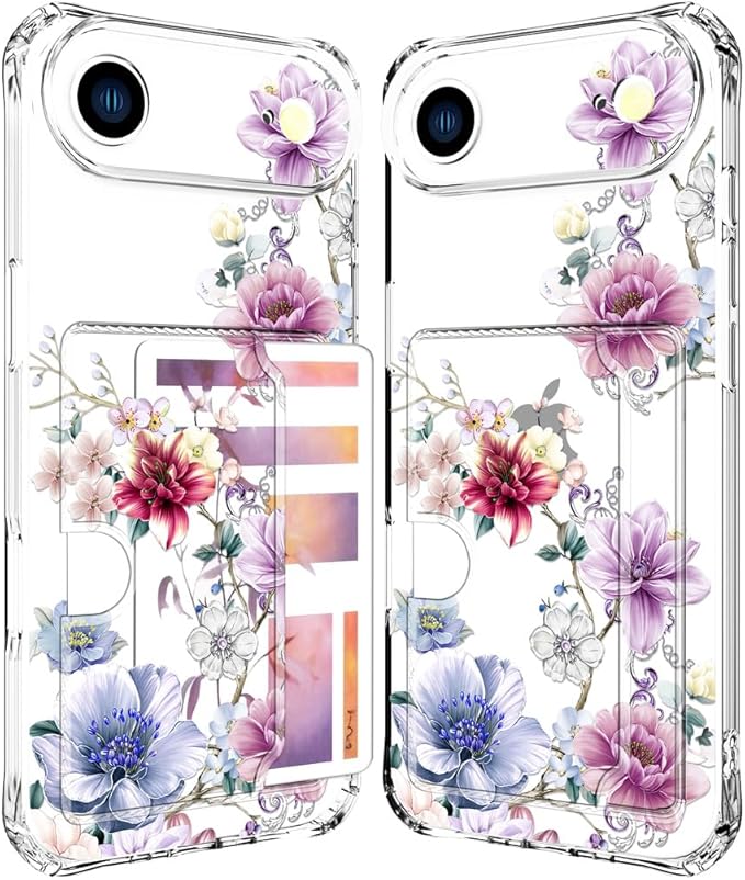 Compatible with iPhone 17 Air Case Card Holder for Women Cute Design,Wallet Phone Cases Transparent Cool Kawaii Protective (Clear Wonderful Large Flowers)