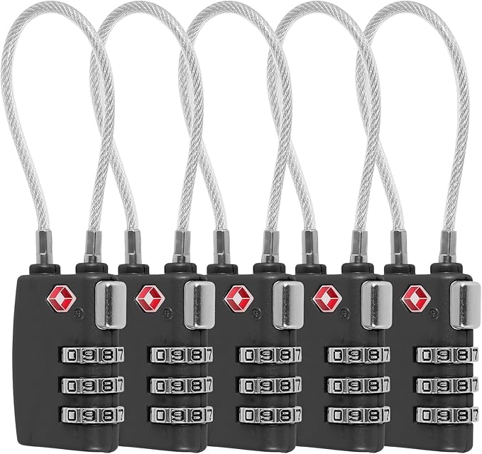 5 Pack TSA Locks for Luggage TSA Approved Luggage Locks 3 Digit Combination TSA Travel Locks Portable Cable Padlocks Zinc Alloy Body Suitcase Locks for Travel Bag Suitcase Backpack Lockers,Black
