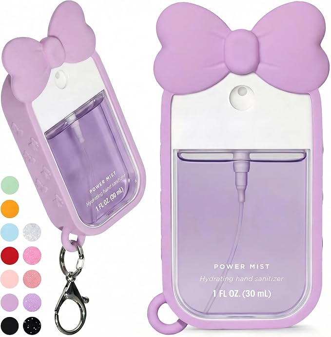 Silicone Bow Case Compatible with Touchland Hand Sanitizer Spray 1 oz (30 mL), Cute Holder with Keychain Clip, Gift for Girls