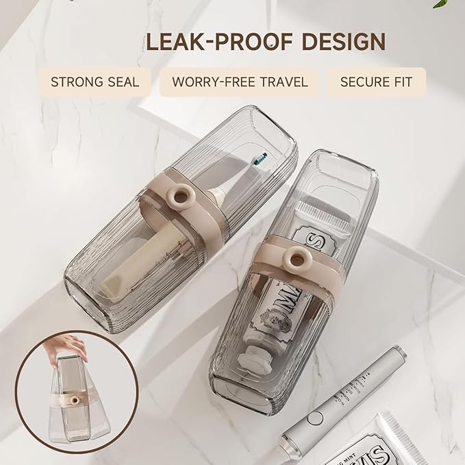 Topavatop Toothbrush Travel Case, 2 in 1 Toothbrush Holder and Rinse Cup, Large Capacity Toothbrush Cup with Cover, Portable Travel Toothbrush Holder for Traveling, Camping, Trip - 1Pcs - Beige&Clear