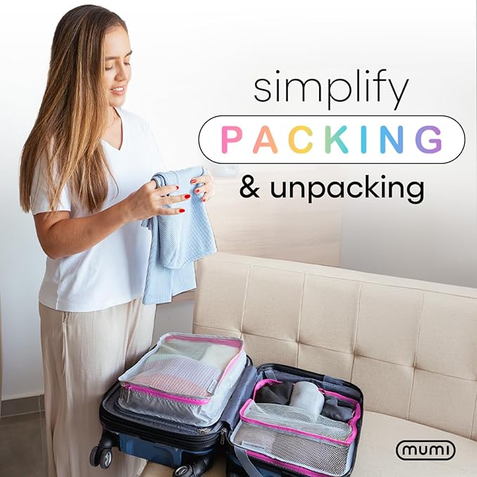 MUMI Packing Cubes - 5 Compression Packing Cubes for Travel, Luggage Organizer Bags for Suitcases, Carry-On, Duffle or Backpack – Mesh, Waterproof Bags for Clothes, Kids & Travel Accessories - Pink
