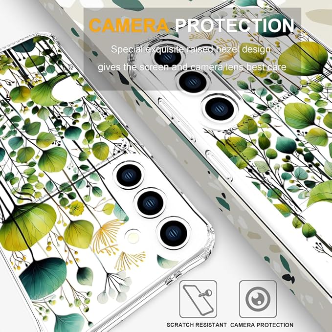 Compatible with Samsung Galaxy S24+ Plus / S25+ Plus Case Card Holder for Women Cute Design,Wallet Phone Cases Transparent Cool Kawaii Protective (Clear Green Flower Leaves Buds)