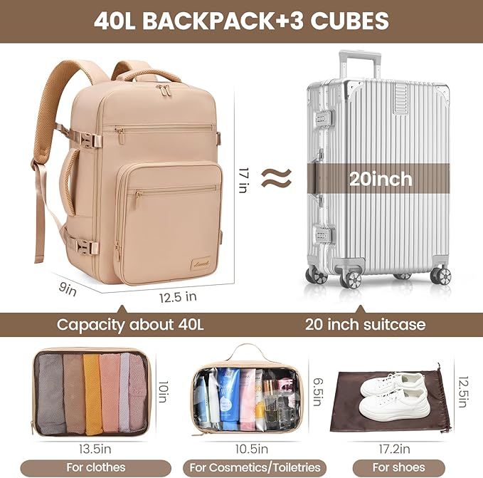 LOVEVOOK Travel Backpack For Women,40L Carry On Backpack Flight Approved,TSA Personal Item Travel Bag Fits 17 Inch Laptop,Business Weekender Overnight Daypack with Toiletry Bag and Cubes