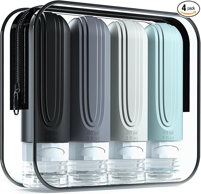 Mrsdry Travel Bottles for Toiletries, Tsa Approved 3oz Travel Size Containers BPA Free Leak Proof Refillable Liquid Silicone Squeezable Travel Accessories for Shampoo Conditioner Lotion (4 Pack)