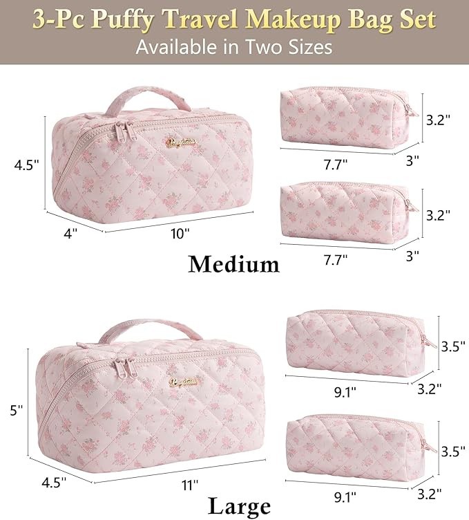 Travel Makeup Bag, 3 Pcs Large Capacity Puffy Toiletry Bag for Women, Open Flat Make up Cosmetic Organizer w/Handle & Clear Divider Water-resistant Portable Pouch Travel Essentials, L-Pink Rose