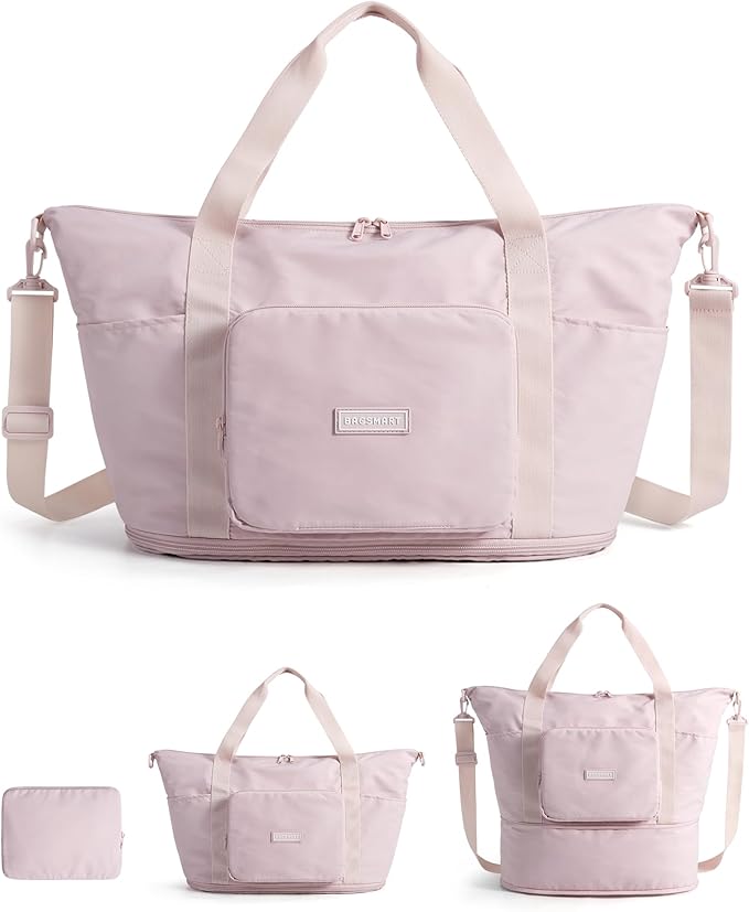 BAGSMART Foldable Travel Bag, 37L Expendable Personal Item Bag, Lightweight Weekender Bags for Women, Water Resistant Extra Carry on for Travel, Pink
