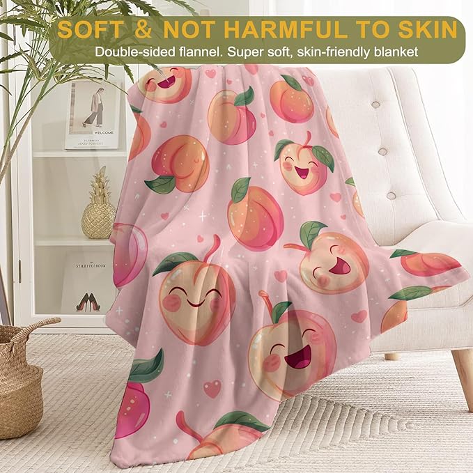 Peach Flannel Blanket - Cute Happy Fruit Smiling Peaches on Pink Throw - Lightweight Soft Cozy Gifts Blankets for Kids Adult,Modern Home Room Whimsical Decor 40x50in