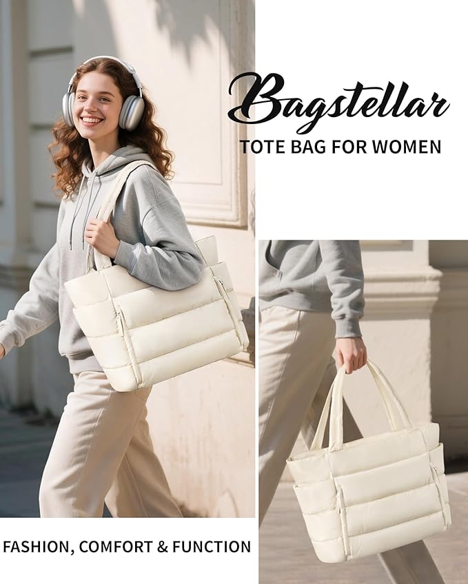 Bagstellar Puffer Tote Bag for Women, Lightweight Puffy Work Handbag Teacher Nurse Quilted Shoulder Bag for School Travel Gym | Cloud Bag w/ Zipper, Daily College Bags, 15.6" Computer Bag, Clinical Nursing Bag, 40 OZ Tumbler Holder, Ideal Gift for Women