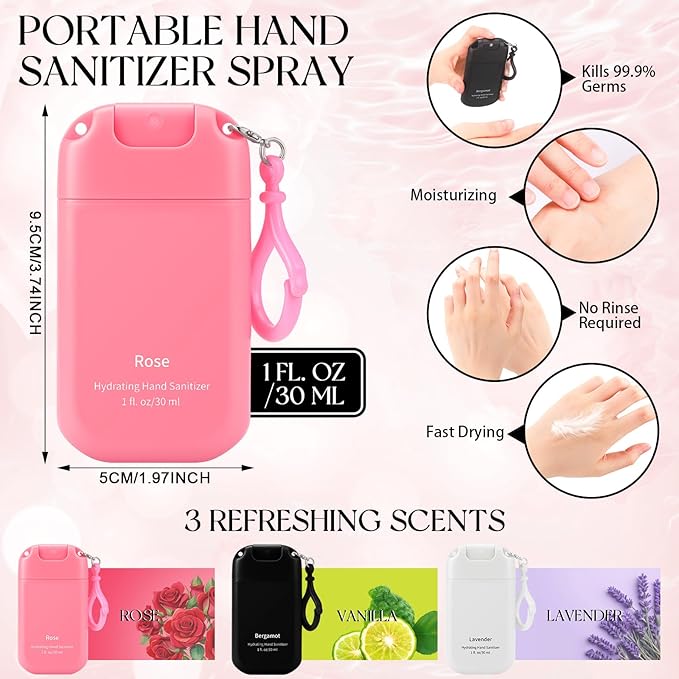 Set of 3 Power Mist Hydrating Hand Sanitizer Spray Bulk with Keychain Travel Size Refreshing Hand Sanitizer 1 Fl. oz Compact Spray Bottle Romantic Rose Bergamot Lavender for Graduation Gifts