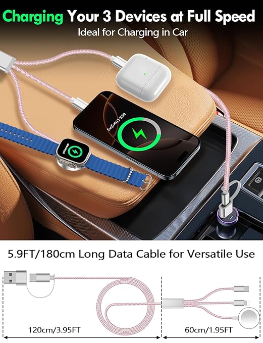 Travel Essentials for Apple Watch Charger,iPhone Charger,3 in 2 Multi Charging Cable,Type C/Magnetic Fast Charging Cable [Portable] for iWatch Series Ultra/11/10/9/SE,iPhone 17-11-6FT Pink