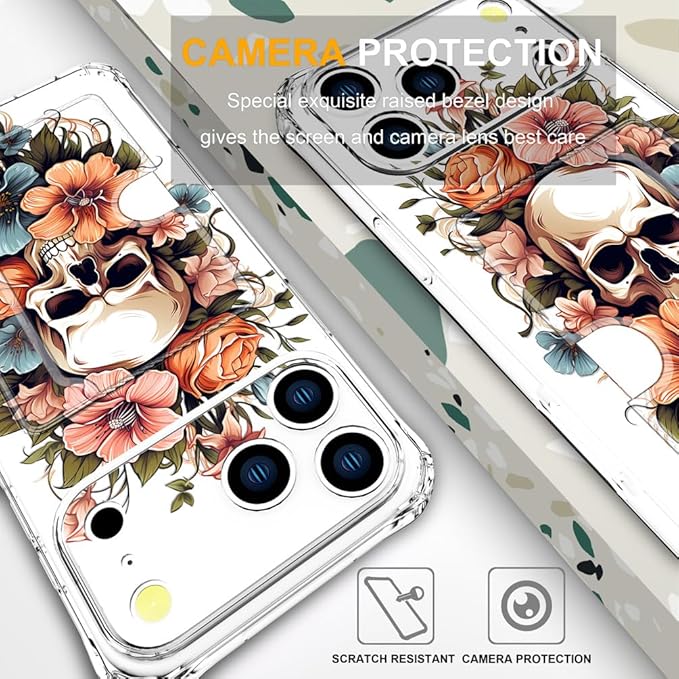 Compatible with iPhone 17 Pro Max Case Card Holder for Women Cute Design,Wallet Phone Cases Transparent Cool Kawaii Protective (Clear Skull & Flowers)