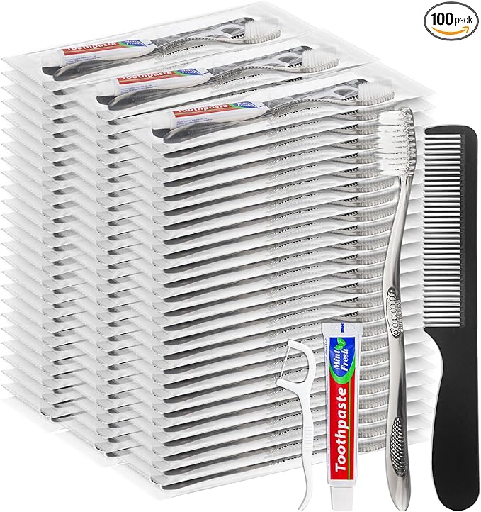 Travel Toothbrushes with Toothpaste, Disposable Toothbrushes, Hygiene Kits in Bulk with Floss Picks, Combs, Individually Packaged, Suitable for Home, Travel, and Hotels (100-PACK)