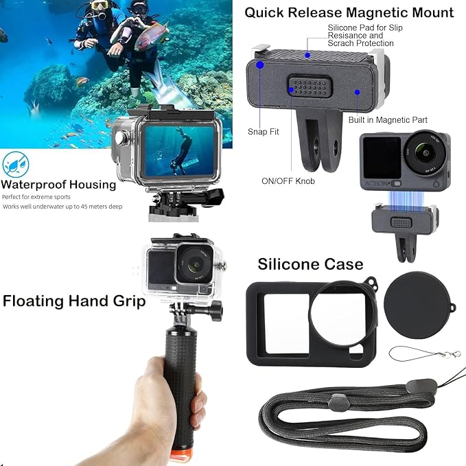 PellKing Accessories Kit for DJI Osmo Action 6,Carrying Case with Belt 135cm Selfie Stick Tripod Waterproof Housing Suction Cup Magnetic Handlebar Mount Qucik Release Clip 4 in 1 Body Mount