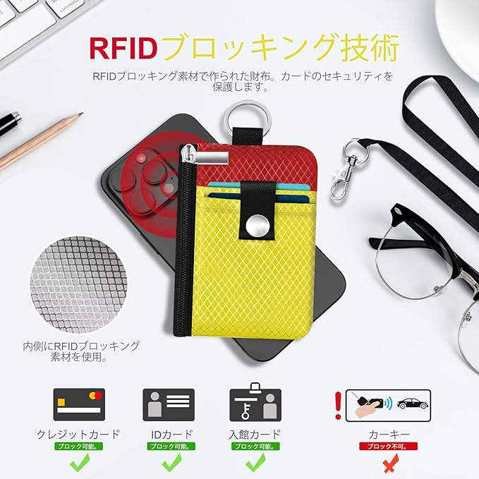Minimalist RFID Blocking Small Wallet with ID Window,WaterResistant Zip Id Case Wallet with Lanyard Keychain for Cards,Cash,Travel,Women,Men (Lemon Yellow/Red)