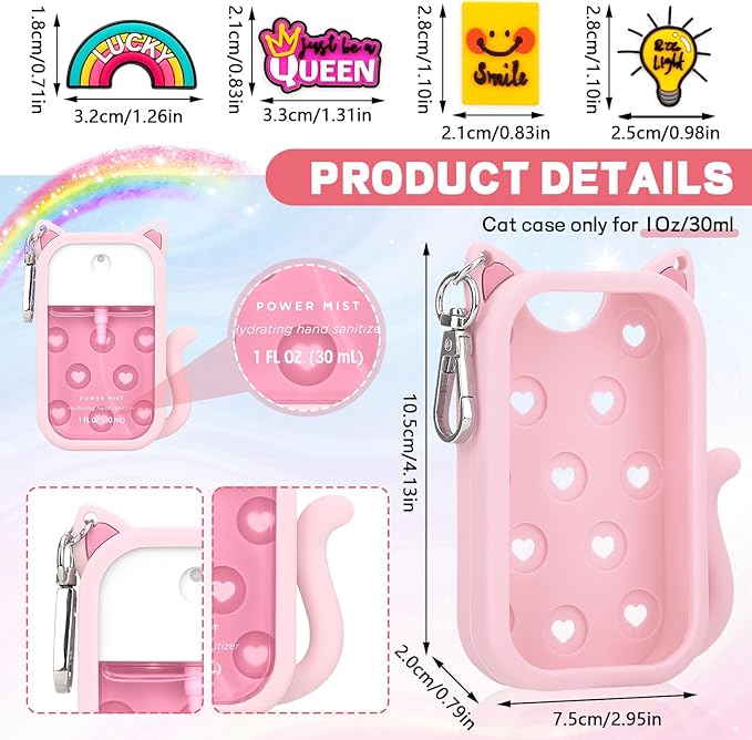 Cat Silicone Case for Touchland Hand Sanitizer Spray with Keychain,Compatible with Mist 1FL OZ/30ML for Touchland Case,4 Cute Charms Accessory sanitizer holder for touchland(1PCS Pink)