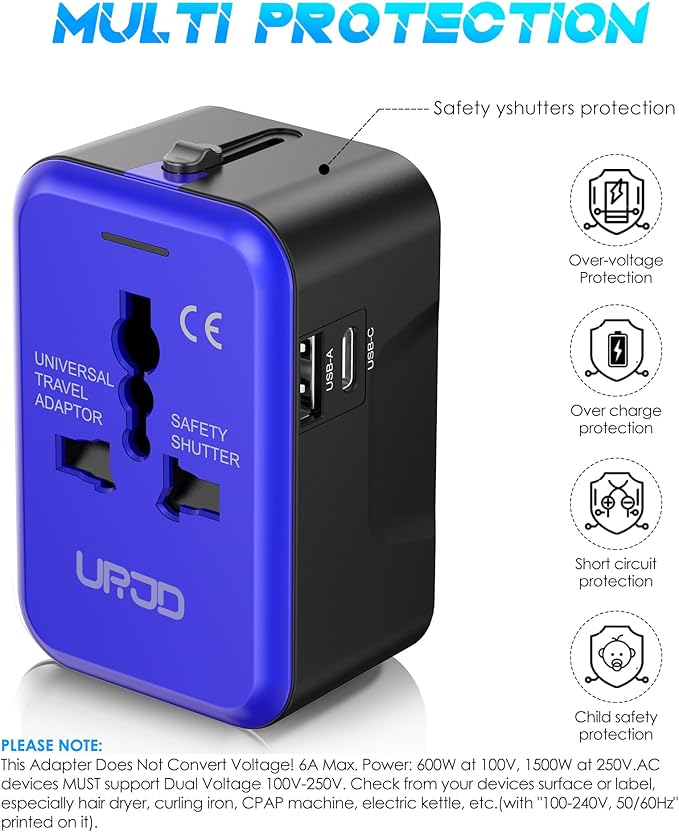Universal Travel Adapter with (Type C+USB) 2 USB Ports & AC Outlet, International Plug Adapter Converter, Type C/A/G/I All in One Wall Charger Worldwide Travel Adaptor for US to EU UK AUS Asia