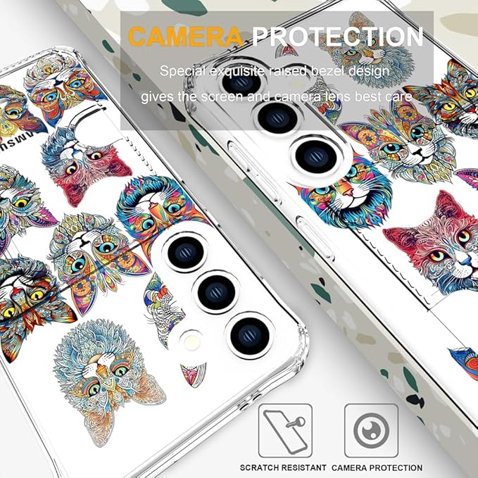 Compatible with Samsung Galaxy S24+ Plus / S25+ Plus Case Card Holder for Women Cute Design,Wallet Phone Cases Transparent Cool Kawaii Protective (Clear Tattoo Cats Animal)