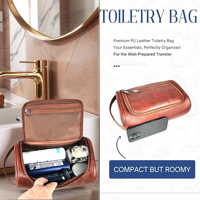 Mens Toiletry Bag,Compact Dopp Kit for Men Travel, PU Leather Shaving Kit, Water-Resistant Minimalist Organizer with Wrist Strap, Travel Toiletry Bag, Gift for Men,Large 10x6.5x4 Mocha Brown