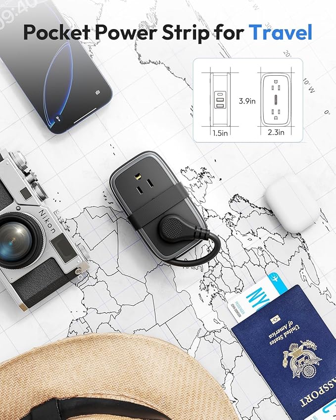 Travel Power Strip with USB Ports, NTONPOWER 4ft Flat Plug Wrapped Around Short Extension Cord with 4 Outlets 3 USB Ports, Compact for Cruise Travel Essential Hotel Home Office, Black