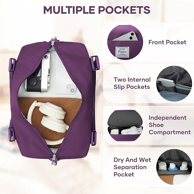 Travel Duffel Bag, 18x14x8 Inches Travel Bag Spirit with Shoes Compartment, Weekender Overnight Bag for Women with Trolley Sleeve, Carry On Bag for Airplanes Sport Tote Gym Bag DeepPurple