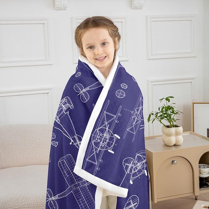 Hand-Painted Airplane Kids Throw Blanket,American Aircraft Toddler Bed Blanket for Girls Boys Adults,Air Vehicles Cartoon Fleece Blanket,Dark Blue Fuzzy Blanket,Throw Size (50 x 60 Inches)