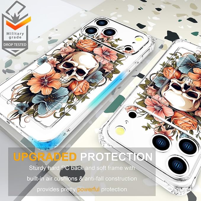 Compatible with iPhone 17 Pro Case Card Holder for Women Cute Design,Wallet Phone Cases Transparent Cool Kawaii Protective (Clear Skull & Flowers)