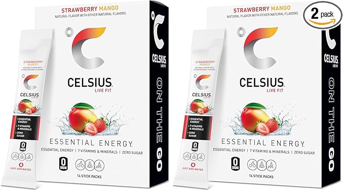CELSIUS On The Go Strawberry Mango, Sugar Free Energy Drink Mix Sticks, 14 Count (Pack of 2)