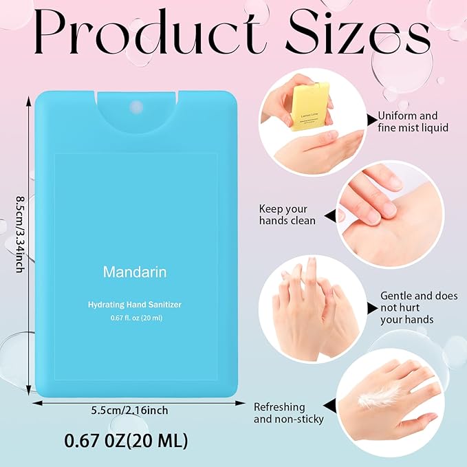 Set of 3 Power Mist Hydrating Hand Sanitizer Spray Bulk Travel Size Effective Hand Sanitizer 0.67 Fl. oz Compact Card Spray Bottle Mint Mandarin Lemon Lime Scent for Backpack Bathroom Baskets