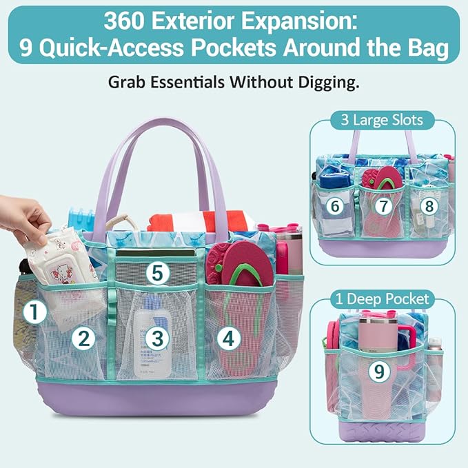 Nyton Organizer Bag Insert for Bogg Bag Inner Liner Pouch for Original Large XL Rubber Tote Zippered Organizer with Pockets for Beach Travel Sports Mom (SEA GLASS, LARGE)